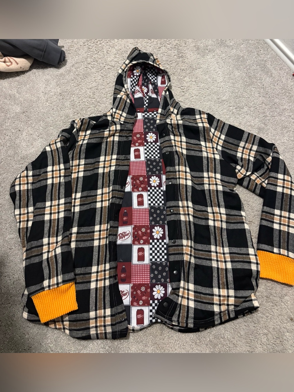 Plaid Hooded Flannel Shirt Jacket in Black and Tan